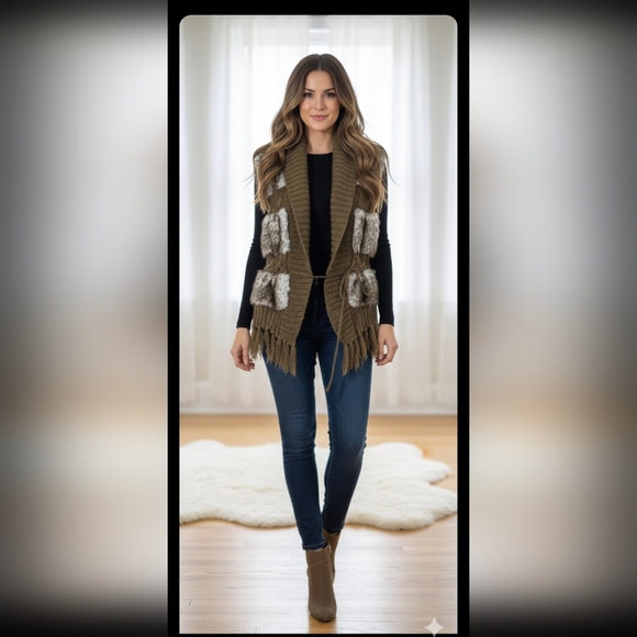 Kikit Faux Fur Knit Sweater Vest Womens Open Tie Front Size M Brown - Picture 2 of 9